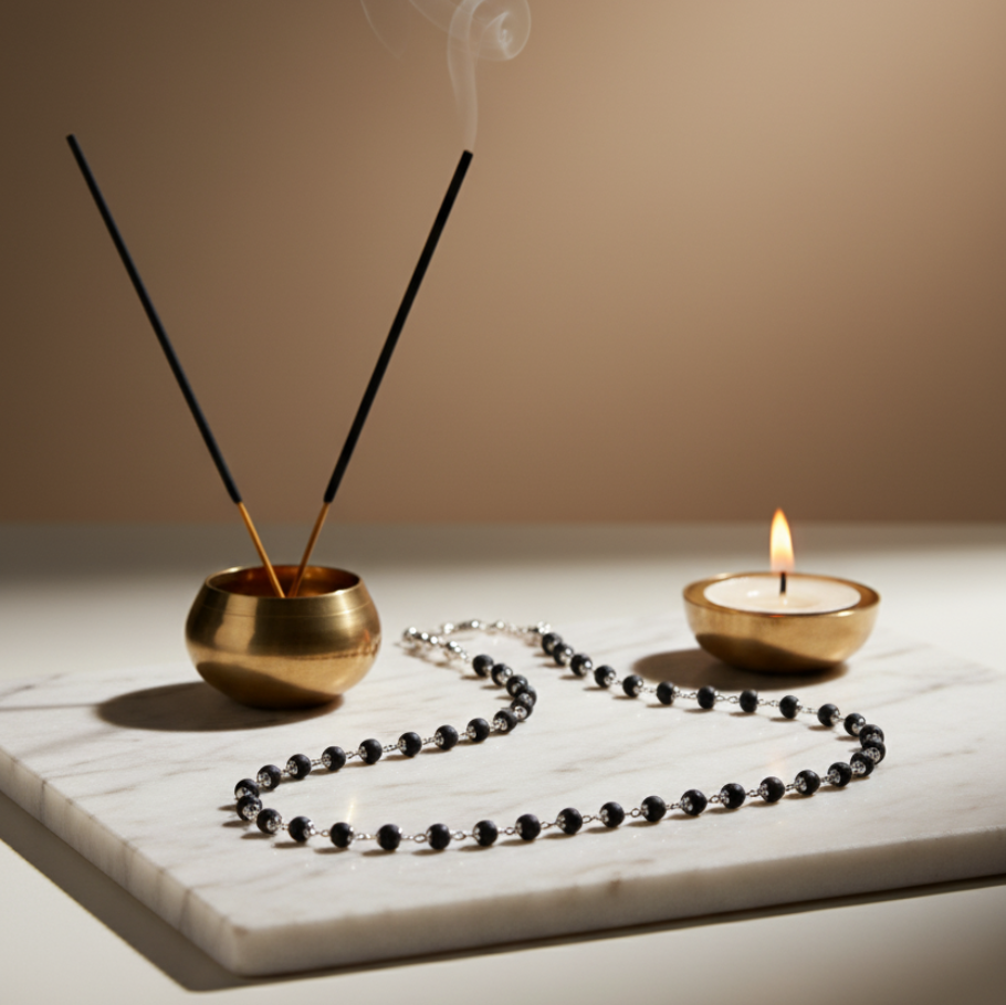 Silver Plated Karungali Mala - 100% Natural Ebony Wood